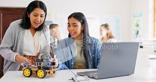 Image of Technology, car robotics and student on laptop, teacher and happy for project in classroom, education or learning with electronics. Innovation, school kid and science class for transport knowledge