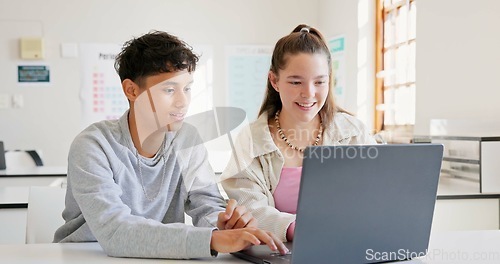 Image of Learning, teamwork and high five of students on laptop in classroom, achievement and goal. Education, computer and teenager in celebration of success, happy kids and study knowledge at high school