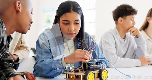 Image of Technology, car robotics and students in classroom, education or learning electronics with car toys for innovation. School kids, learners and transportation knowledge in science class for research