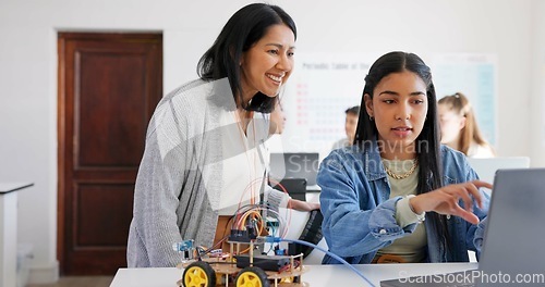 Image of Technology, car robotics and student on laptop, teacher and help with project in classroom, education or learning with electronics. Innovation, school kid and science class for transport knowledge