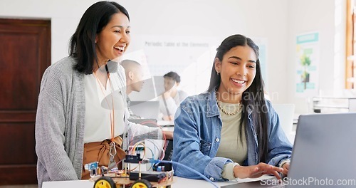 Image of Technology, car robotics and student on laptop, teacher and help with project in classroom, education or learning with electronics. Innovation, school kid and science class for transport knowledge