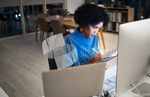 Image of Woman with computer, writing schedule in notebook or agenda for online hr office administration. Calendar, diary or journal, girl at desk planning notes in book for time management in human resources