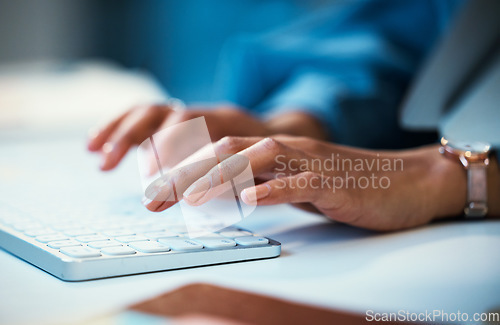 Image of Keyboard, email marketing and hands of employee typing and working online for company website and doing research. Closeup, web and entrepreneur writing a project with deadline and information