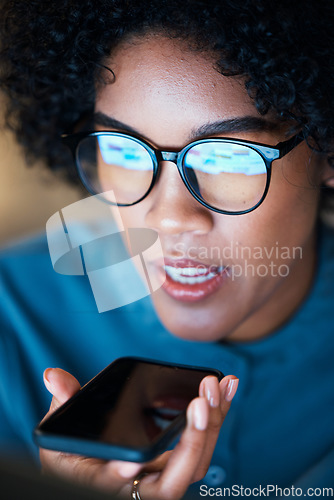 Image of Woman, smartphone and phone call at work, close up and feedback for communication, online or job. Recording, voice message and loudspeaker for agenda, strategy and plan to network, night or office