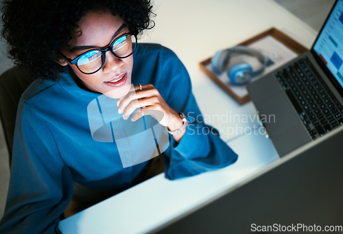 Image of Woman with computer, thinking and spreadsheet for schedule, agenda or reminder in office administration. Online calendar, diary and girl at desk planning time management at startup with high angle.