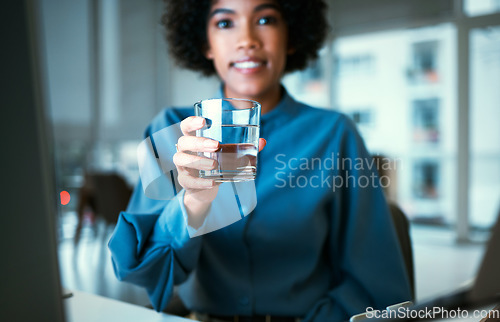 Image of Woman, glass and water in portrait, office and smile for hydration, wellness and pride at finance company. Accountant, natural drink and happy for nutrition, diet or detox for health in workplace