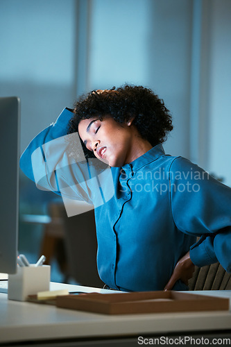 Image of Neck pain, night and business woman tired of overtime, deadline and work pressure with burnout and muscle strain. Corporate, evening and employee with stress injury working late in a company