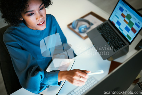 Image of Woman with computer, notebook and checking schedule, agenda and reminder for office administration. Online calendar, diary and girl at desk planning spreadsheet for time management with high angle.