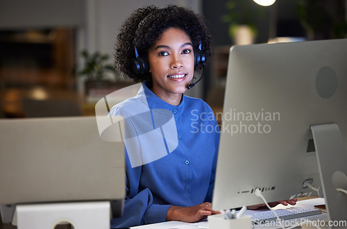Image of Computer, call center portrait and professional happy woman for customer service, telemarketing and help desk advice. Night tech support, contact us and advisory consultant smile for e commerce sales