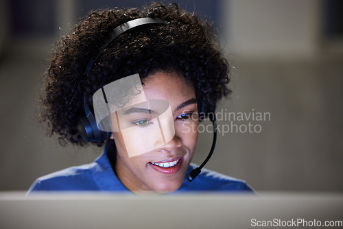 Image of Computer, call center face and business woman for customer care, lead generation and consulting for help desk. Night consultation, contact us and advisory consultant communication on e commerce sales