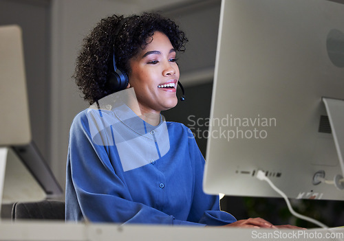 Image of Computer video call, customer service and night business woman communication, telemarketing or help desk advice. Online tech support, virtual meeting and advisory agent talking on ecommerce webinar