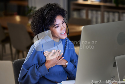 Image of Computer video call, customer care or business woman communication, telemarketing or advice on online conference. Tech support consultation, virtual meeting or night agent talking on telecom webinar