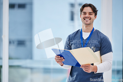 Image of Hospital portrait, doctor folder and happy man with results, healthcare records or clinic info data. Happiness, medical research or professional nurse smile for medicine, wellness or health portfolio