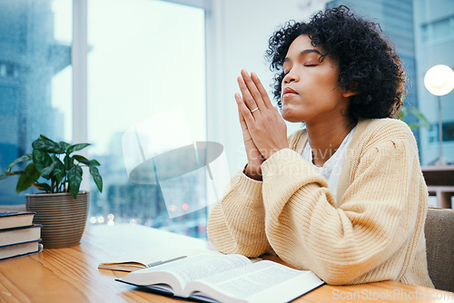 Image of Prayer, bible and woman with religion, peace and hope with guidance, calm and Christian with faith. Person, girl and believer with holy scripture, book and home with worship, spiritual and gratitude