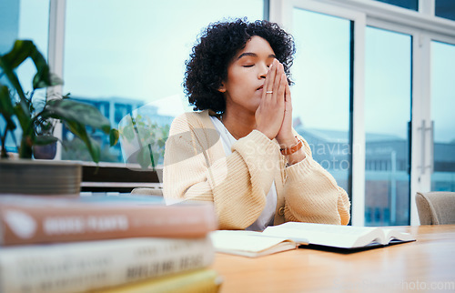 Image of Prayer, bible and woman with faith, hope and gratitude with guidance, healing or Christian with worship. Person, girl and Catholic with holy scripture, book or home with help, spiritual and religion