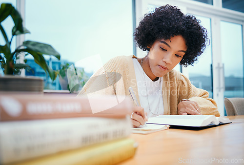 Image of Bible, religion and woman with study of theology in home, Christian faith and knowledge of God for hope. Reading, spiritual writing and girl at desk with holy books, learning gospel story and prayer.