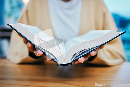 Image of Woman, bible study and reading with hands, god and worship for religion, spiritual and church. Christian, faith and education for christ, believe and respect for scripture, prayer and holy knowledge