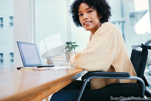 Image of Business, happy and portrait of woman in wheelchair at desk on laptop working on project, report and research. Company, office and person with disability on computer for internet, email and schedule