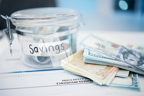 Image of Money, savings in a jar and finance with insurance paperwork, payment and wealth, bills and legal policy. Cash notes, container and financial background, growth and investment, document and security