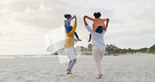 Image of Kids on parents shoulders at beach and back view, travel and playful, freedom outdoor with love and bonding. Carefree, energy and holiday with people in nature, mom and dad with kids and family