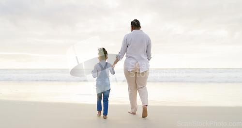 Image of Black family, mother and daughter holding hands, beach and bonding with love and care, back view and walk outdoor. Sea, freedom and travel, woman and girl on holiday with trust and support in nature