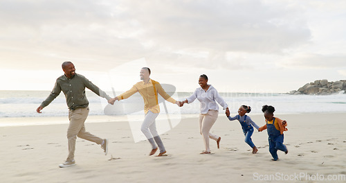 Image of Happy, black family and holding hands or running at the beach for holiday, care and bonding. Laughing, support and grandparents, father and children with affection and exercise by the sea with love