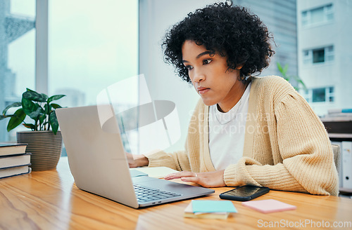 Image of Woman with laptop, typing and notes in home office with research, internet and reading ideas for freelance project. Remote work, web report and girl with computer, thinking or writing online feedback