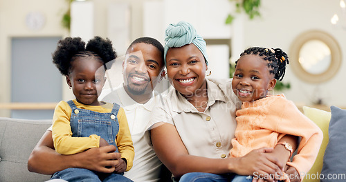 Image of Black family, love and parents with child on sofa at home for bonding, quality time and happiness. Portrait, lounge and happy mother, father and girl on couch smile together for fun in living room