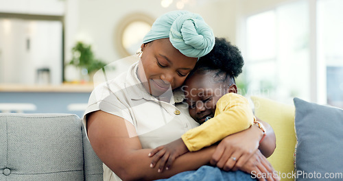 Image of Mother hug sleeping child on couch for love, care or holding for comfort in lounge at home. Black woman, happy mom and kissing girl kid on lap for nap, rest or support to relax on sofa in living room