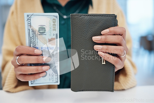 Image of Person, hands and wallet with money for investment, payment or savings on counter at checkout. Closeup of employee with cash, bill or paper notes for profit, salary or finance in purchase or shopping