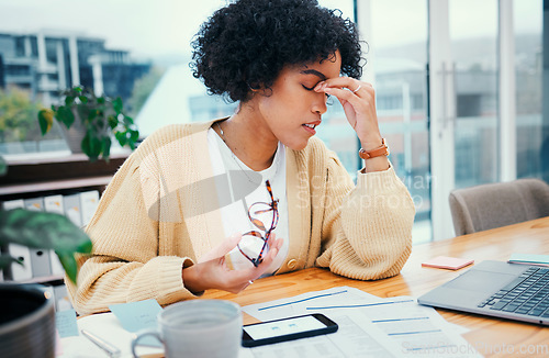 Image of Stress headache, laptop and woman with bills, debt and glasses, exhausted with tax audit in office. Frustrated, fatigue and tired girl with pain, burnout or anxiety for invoice payment at computer.