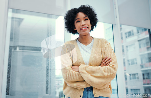 Image of Smile, portrait and business woman with arms crossed in office happy, confident and professional. Face, pride and female entrepreneur proud of startup advertising agency, company or career goals