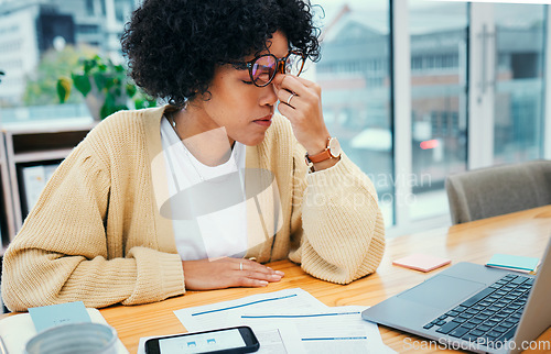 Image of Stress headache, laptop and woman in home office with bills, debt or exhausted with tax audit. Frustrated, fatigue and tired girl with pain, burnout or anxiety for invoice payment crisis at computer