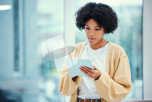 Image of Search, tablet and employee planning schedule online on website in an office and working on a project with internet. Connection, communication and worker typing information to manage workflow