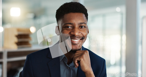 Image of Face, smile and young businessman in office with confidence and positive attitude for startup at work. Employee, professional and portrait of entrepreneur and happy or ready for career in accounting