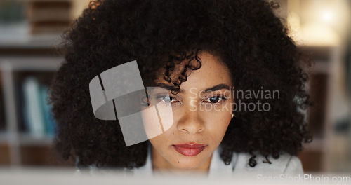 Image of Thinking, reading and businesswoman on a computer in the office doing legal research for a case. Technology, ideas and professional female attorney from Mexico working on a law project in workplace.