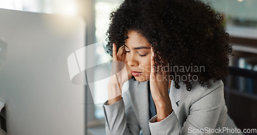 Image of Business, headache and woman with pain at work of stress, fatigue or anxiety in office or desk. Professional, person and massage head with ache from overwork, mental health or tired at workplace