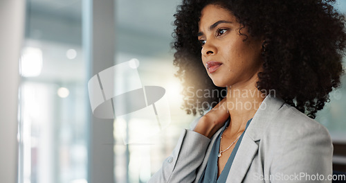 Image of Neck pain, business and black woman with stress and burnout in office and massage muscle or joint at desk. African employee, person and administrator overworked, tired and anxiety with work injury