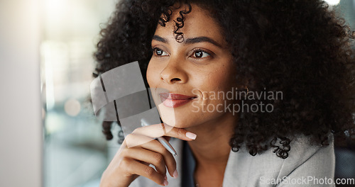 Image of Ideas, reading and businesswoman on a computer in the office doing legal research for a case. Technology, thinking and professional attorney from Mexico working on a law project in modern workplace.