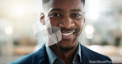 Image of Young businessman, smile and face on closeup with confidence and positive attitude for startup at work. Employee, professional and portrait of entrepreneur and bokeh or ready for career in accounting