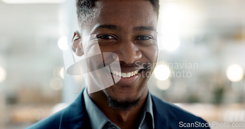 Image of Young businessman, smile and face on closeup with confidence and positive attitude for startup at work. Employee, professional and portrait of entrepreneur and bokeh or ready for career in accounting