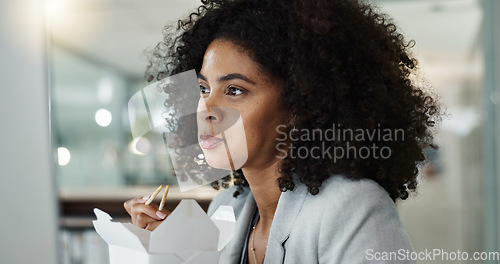 Image of Chinese food, smile and computer with a business black woman in the office for work on a project. Corporate, desktop and chopsticks with a happy young employee in the workplace for market research