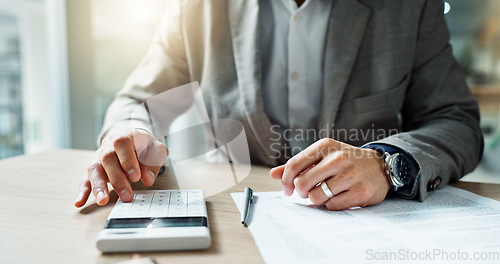 Image of Hand, calculator and budget for man at desk, planning or balance books with tablet, click or writing for results. Businessman, accountant and audit with typing for financial review, goal or workplace