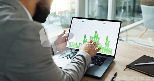 Image of Hands, laptop and chart for business man, analysis and check progress of economy, investment or profit. Financial agent, computer and reading graph with data analytics, growth and numbers for future