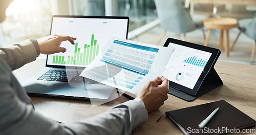 Image of Hands, laptop and chart with paper for business man, analysis or check progress of economy, investment or profit. Financial agent, pc and reading graph for data document, growth or numbers for future