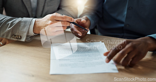 Image of Business, hands and writing signature on contract or legal documents for application or agreement in office. Explain, pointing and person show paperwork or form to client in workplace or company