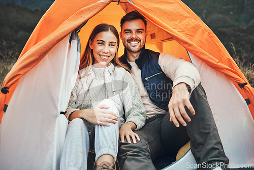 Image of Couple, tent and camping in portrait, smile and happy for holiday, nature and morning in countryside. Man, woman and relax outdoor with vacation, glamping and adventure with love, bonding and freedom