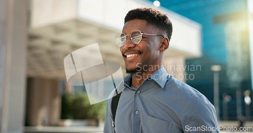 Image of City, happy face and professional black man on walk journey, commute and businessman smile on way to office building. Happiness, moving and African worker on morning travel to work in Chicago, USA