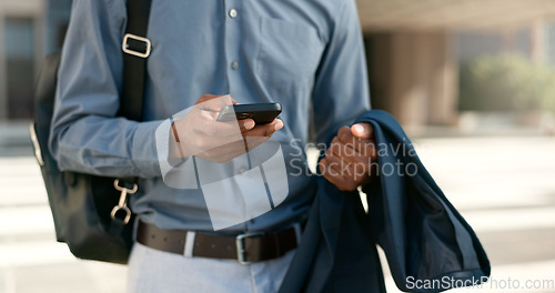 Image of Hands, phone or businessman in city on social media to chat on internet post or website notification. News info, walking or closeup of entrepreneur texting, networking or typing online on mobile app