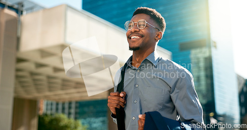 Image of Business, happy and walking black man on city journey, commute trip and realtor smile on way to office building. Happiness, career expert and African real estate agent on morning travel in Nigeria